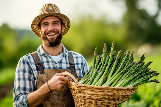A joyful farmer holds a basket of freshly harvested asparagus background with empty space for text 