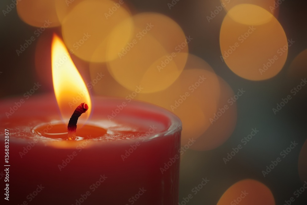 Poster red candle burning with a beautiful bokeh effect in the background, creating a warm, inviting atmosp