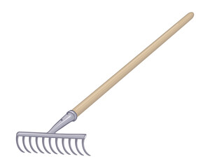 Garden rake tool. Wooden handle and metal head. Vector illustration isolated on white background