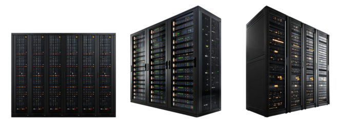 Multiple Server Racks in a Data Center with Dim Lighting and Cables, PNG bundle collection, Isolated on Transparent Background
