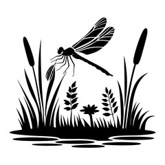 Damselfly hovering near reeds, black and white