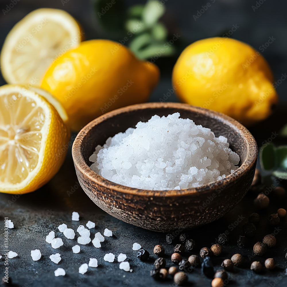 Poster wooden bowl filled with salt and a lemon is placed on a table. the bowl of salt is surrounded by a p