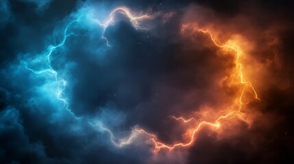 Vivid lightning bolts, electric blue and fiery orange, against dark clouds