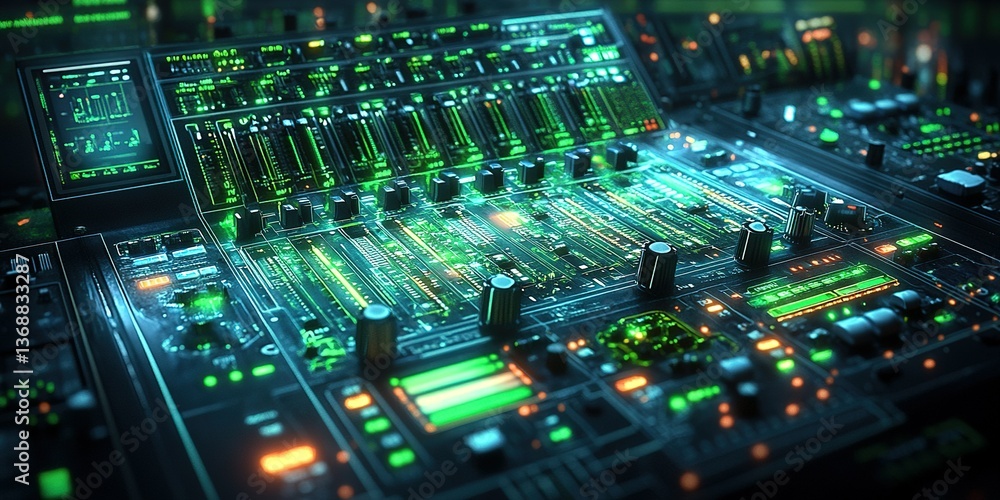 Poster digital sound mixing console with vibrant lights in a studio during nighttime session