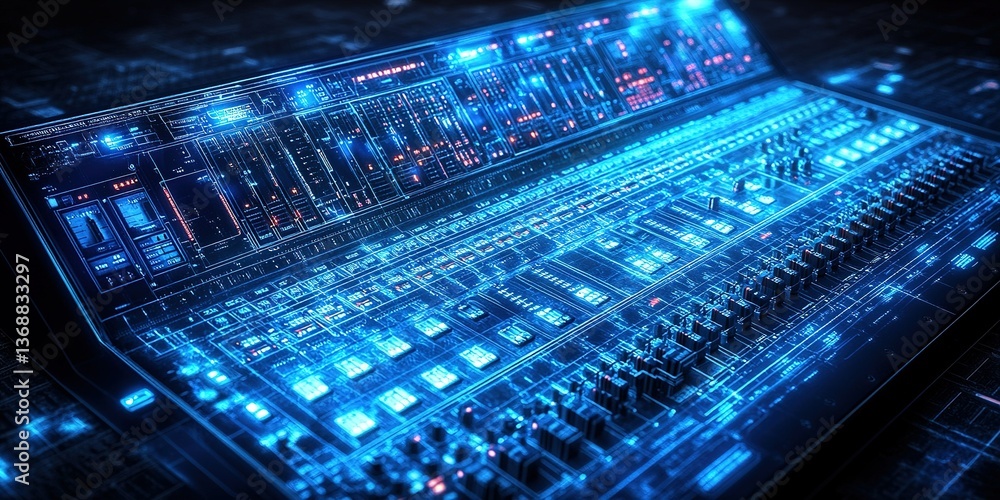 Poster digital sound mixing console illuminated with blue lights displaying advanced technology in a studio