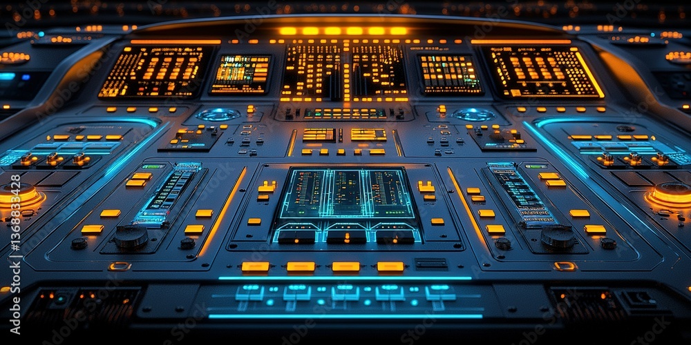 Poster high-tech control panel with colorful lights and screens showcasing various data displays and contro