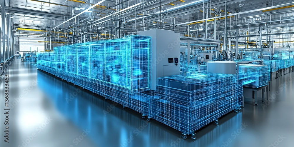 Poster modern factory interior showcasing cutting-edge technology and automated machinery in a streamlined 