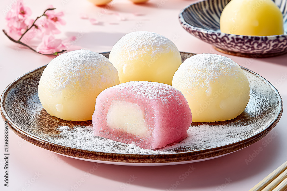 Poster plate of four different colored mochi with one of them cut in half. the plate is set on a table with
