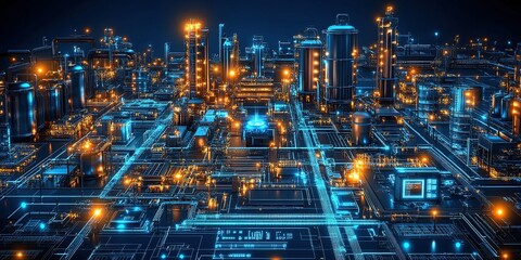 Futuristic urban landscape with glowing technology and intricate city layout at night