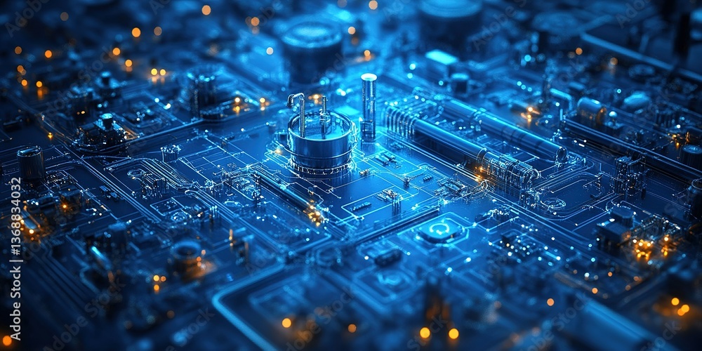 Poster intricate blue circuit board with glowing connections and technology elements in a futuristic settin