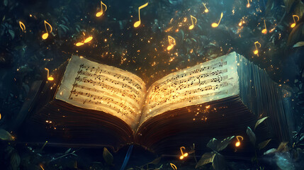 A magical scene of an ancient book of songs with luminous musical notes floating above, symbolizing the eternal beauty and power of classical symphonies. Floating Echoes. Illustration