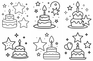 Stars and Birthday Cake Outline Coloring Book Page Line Art Drawing Set