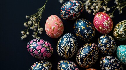 Close-up of Easter eggs with floral patterns