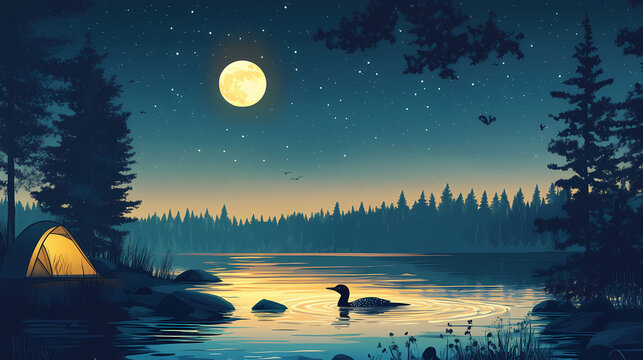 A serene scene of a loon swimming on a lake near a campsite, with the call of the wild echoing under the moonlit sky. Floating Echoes. Illustration