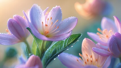 Fototapeta premium Delicate pink blossoms, droplets of water, bright sunshine, soft focus