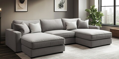 Modern gray sectional sofa in a stylish living room with city view and green plants