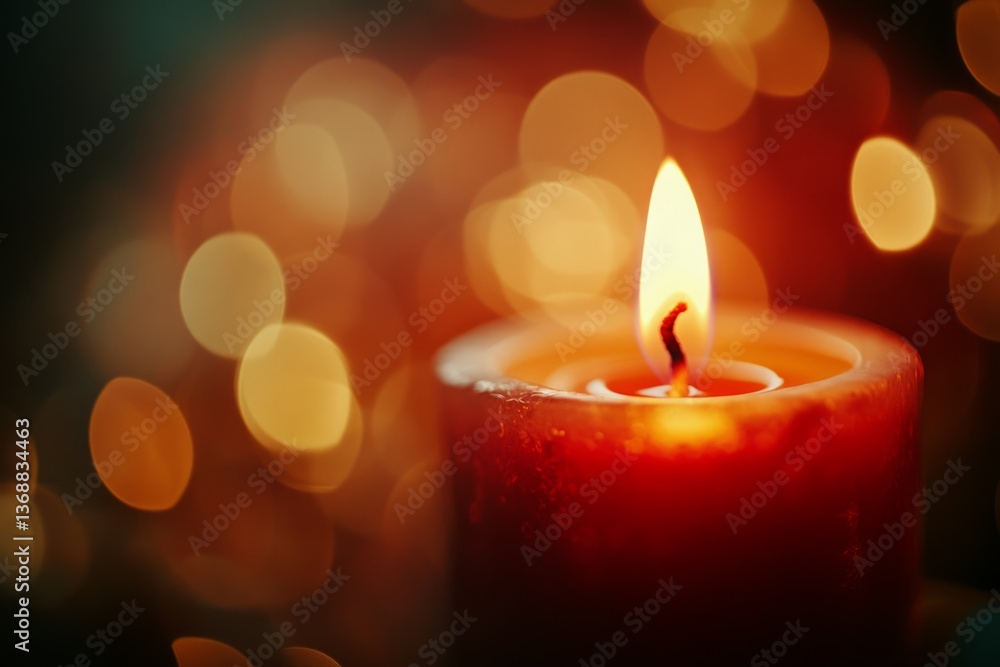 Poster red candle burning brightly with warm bokeh lights in the background, creating a cozy and festive at