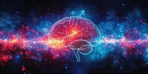 Naklejka premium Visualization of a human brain amidst a vibrant cosmic background, highlighting the connection between mind and universe