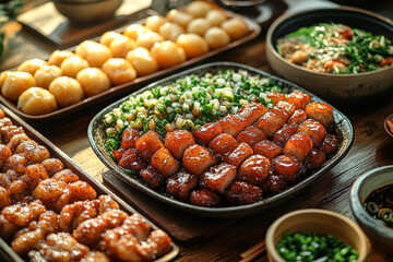 Obraz premium Table with many different types of food, including meat and vegetables. The table is set for a meal, and there are several bowls and plates of food