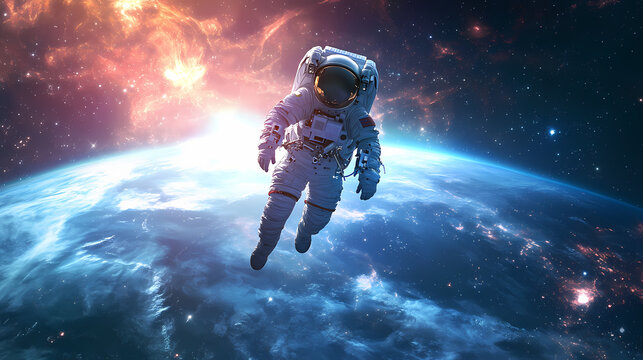 Astronaut floating above earth space digital artwork cosmic environment distant viewpoint exploration concept. Floating Echoes. Illustration