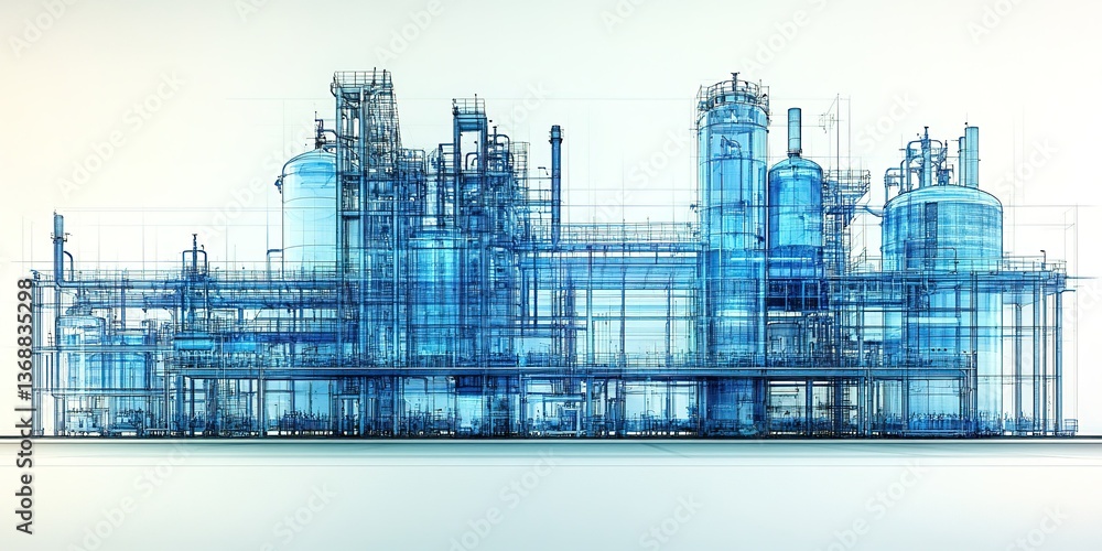 Poster detailed blueprint rendering of a large industrial facility showcasing modern architecture and techn