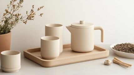 Elegant minimalistic tea set arranged on a wooden tray with dried herbs and decorative plant in a modern interior setting during daytime