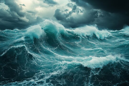 Big ocean waves crashing during a big storm under dark clouds