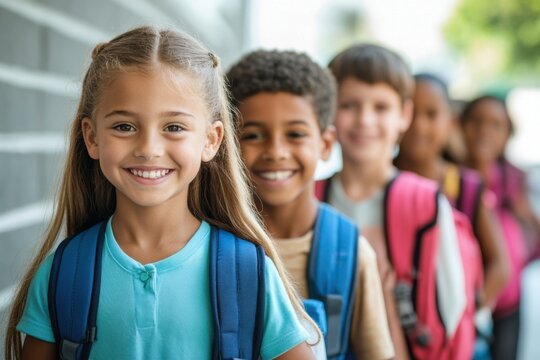 A joyful group of diverse children stand in line, smiling brightly while wearing backpacks. This scene captures the excitement of school life and friendship.