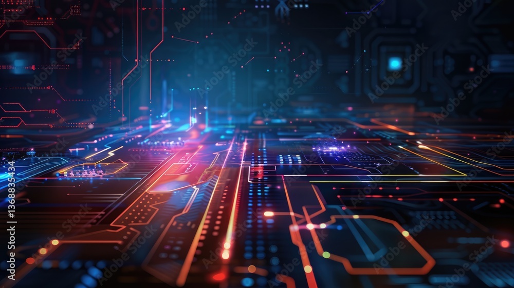 Poster explore a vibrant futuristic abstract tech background featuring intricate circuit patterns and illum