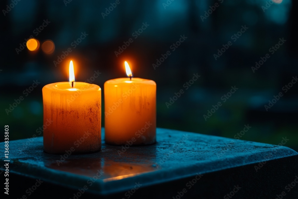 Aufkleber two lit candles creating a warm glow on a wet stone surface in the evening