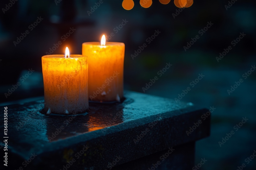 Poster two lit candles creating a warm glow on a wet stone surface in the evening