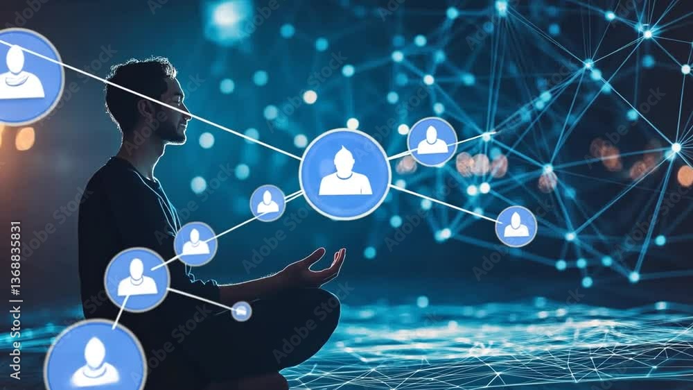 Poster young man immersed in exploring virtual worlds and connections generative ai