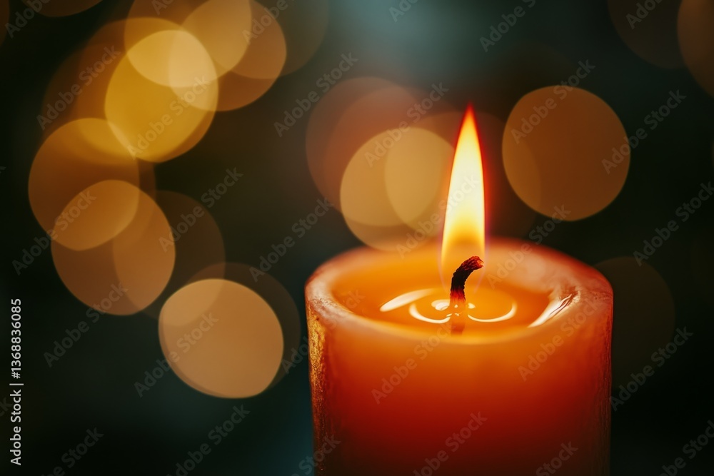 Aufkleber close-up of a burning candle emitting warm, comforting light, creating a soft bokeh effect in the ba