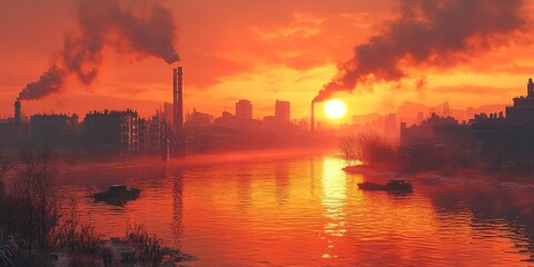 Vibrant sunset over an industrial skyline with boats on the river