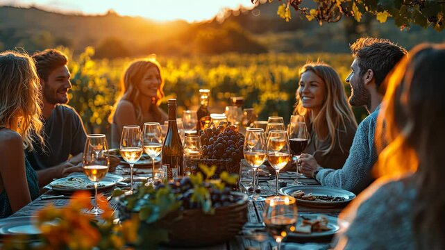 Gathered at a vineyard, friends savor an evening filled with laughter, wine, and delectable dishes as the sun sets, creating a warm, inviting atmosphere amidst natures beauty.