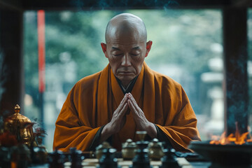 Senior buddhist monk wearing orange kesa praying with hands joined in traditional japanese temple