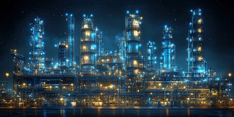 Fototapeta premium Brightly lit industrial complex at night showcasing advanced technology and machinery in a bustling energy sector environment