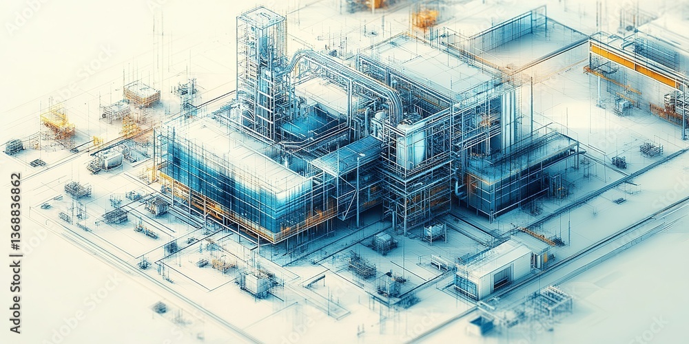 Poster detailed industrial plant layout showcasing complex structures and machinery in a dynamic design env