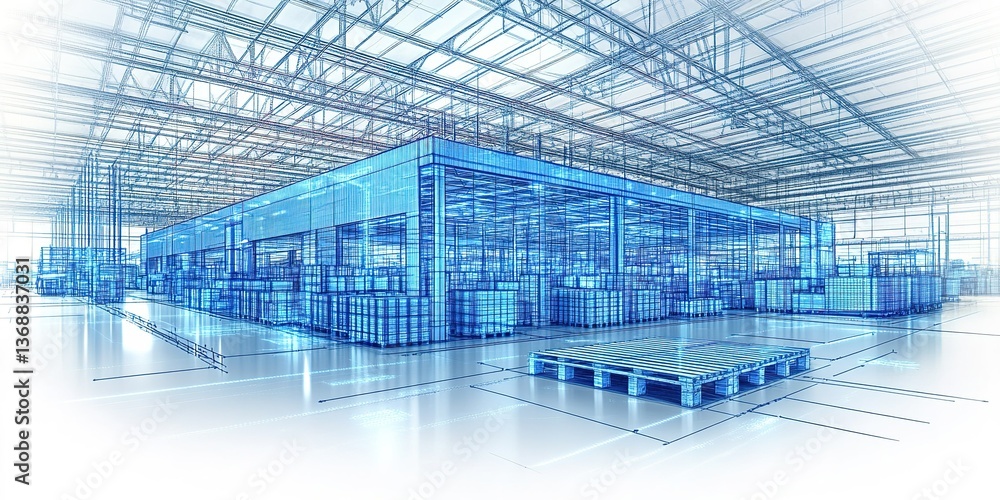 Aufkleber industrial warehouse design in blueprints showing storage and layout plans for efficient operations