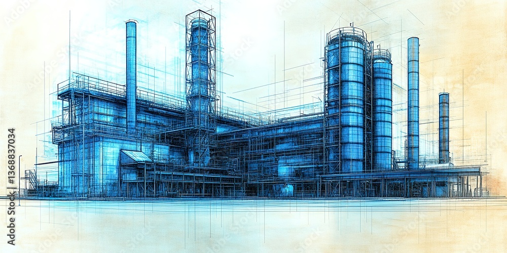 Poster blueprint of industrial facility showcasing detailed architecture with multiple structures and tower