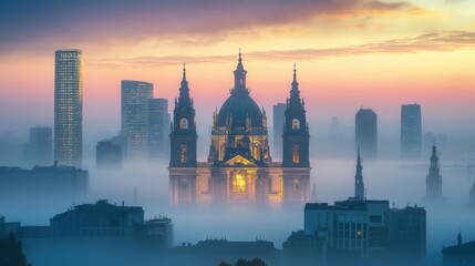 Fototapeta premium Majestic gothic cathedral surrounded by modern skyscrapers in morning fog