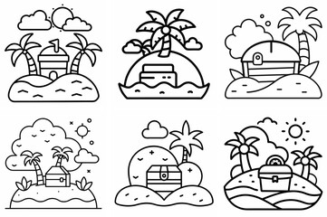 Treasure Island Outline Coloring Book Page Line Art Drawing Set