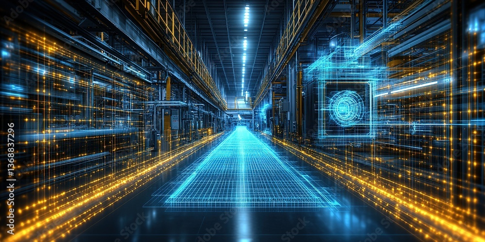 Poster digital transformation of a modern factory with advanced technology integration in a well-lit indust