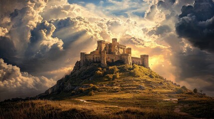 Obraz premium Majestic medieval castle on hill under dramatic cloudy sky with sunlight