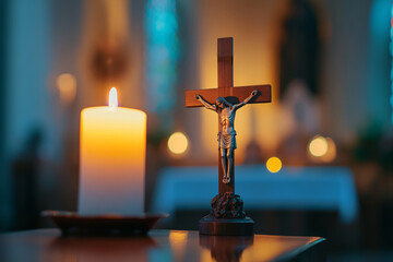 Small crucifix and burning candle standing on a wooden surface in a church, creating a spiritual atmosphere