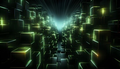 Obraz premium Abstract Glowing Cube Cityscape with Light Rays and Futuristic Vibe