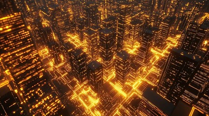 Night cityscape, futuristic city, glowing network.  Dense urban landscape with illuminated buildings and glowing connections.  Aerial view