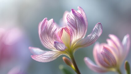 Fototapeta premium Delicate pink flower blossoms bathed in soft sunlight. Focus on petals, texture, and detail