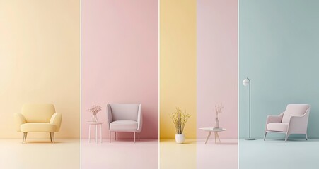 Set of four different-colored pastel interior backgrounds with an armchair and coffee table, with copy space for text in the middle