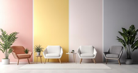 Set of four different-colored pastel interior backgrounds with an armchair and coffee table, with copy space for text in the middle